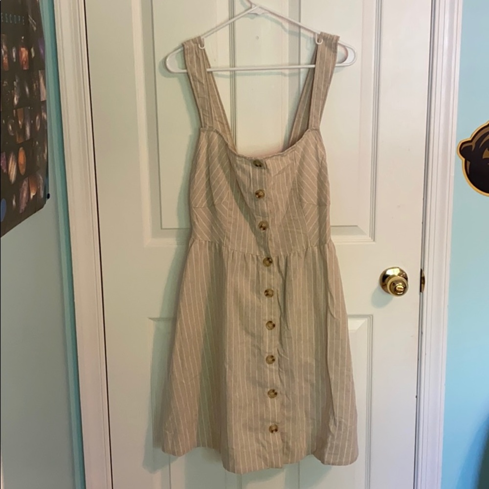 Tan and white striped button up dress